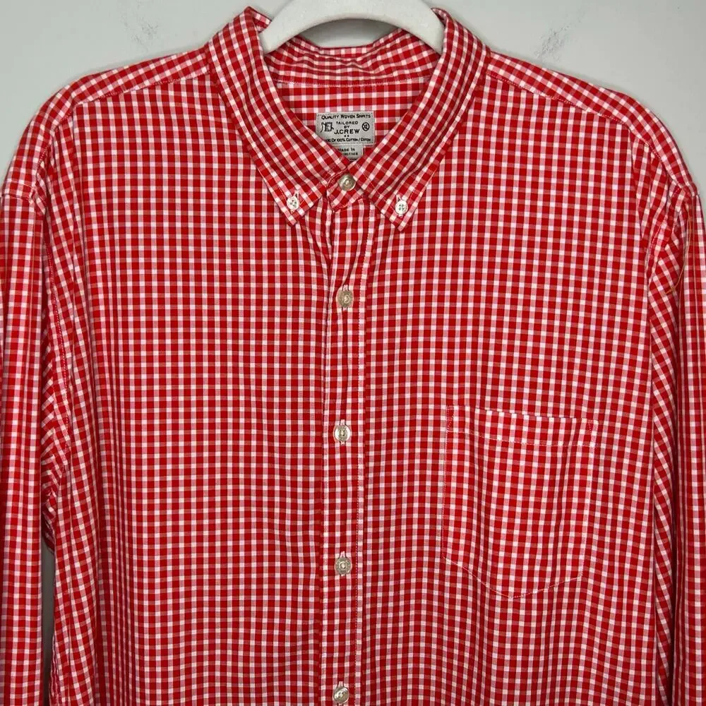 Tailored by J.Crew Gingham Plaid Dress Shirt Size XL 100% Cotton Orange & White